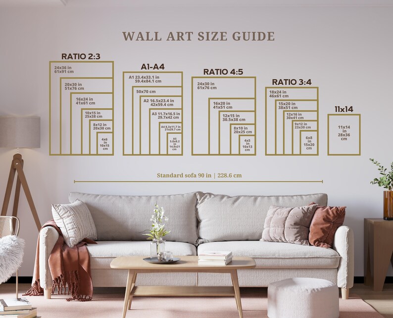 May include: A wall art size guide with different ratios and measurements in inches and centimeters. The guide includes standard sizes for wall art, such as 11x14, 12x15, 16x20, 18x24, 20x30, and 24x36. The guide also includes a standard sofa size of 90 inches or 228.6 centimeters.