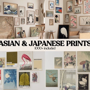 May include: A collection of framed Asian and Japanese prints, including a pink flamingo, a wave, a cherry blossom tree, and a crane. The text "ASIAN & JAPANESE PRINTS 1000+ included" is displayed below the prints.