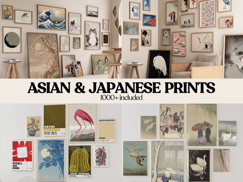 May include: A collection of framed Asian and Japanese prints, including a pink flamingo, a wave, a cherry blossom tree, and a crane. The text "ASIAN & JAPANESE PRINTS 1000+ included" is displayed below the prints.