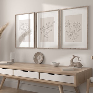 Set of 3 Botanical Art Print, Continuous Line Neutral Artwork Poster ...