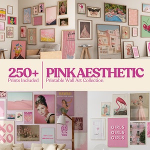 Set of 250 pink trendy wall art, eclectic wall art, maximalist wall decor, retro wall art, fashion prints, college room decor, preppy poster
