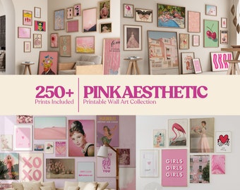 Set of 250 pink trendy wall art, eclectic wall art, maximalist wall decor, retro wall art, fashion prints, college room decor, preppy poster