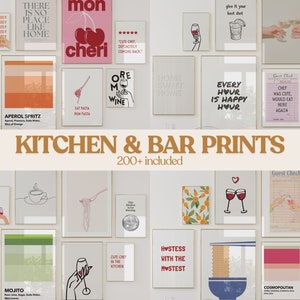 May include: A collection of 200+ printable kitchen and bar themed art prints. The prints feature various designs including cocktails, food, and inspirational quotes. The prints are in a variety of colors and styles.