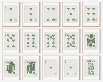 Trendy Set of 15 Playing Cards, Lucky You Poster, Sage Green Wall Art, Retro Trendy Aesthetic Print, Dorm Decor, Funky Wall Art, Digital