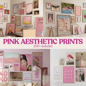 May include: A collection of pink aesthetic prints featuring various designs, including flowers, landscapes, and abstract patterns. The prints are arranged in a grid on a white wall, creating a visually appealing and cohesive display. 200+ prints included.