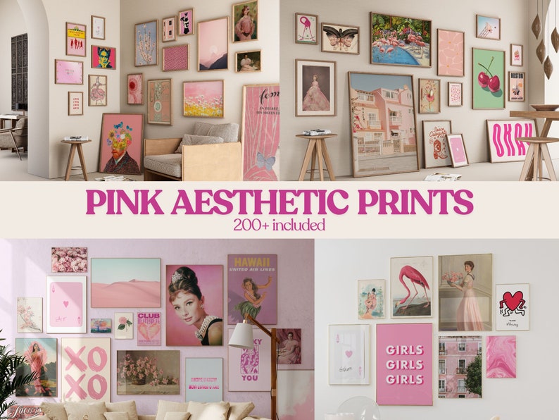 May include: A collection of pink aesthetic prints featuring various designs, including flowers, landscapes, and abstract patterns. The prints are arranged in a grid on a white wall, creating a visually appealing and cohesive display. 200+ prints included.