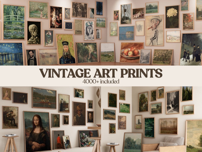 May include: A wall gallery featuring a collection of vintage art prints in various styles and colors. The prints are framed in black, white, and gold frames. The text "Vintage Art Prints 4000+ Included" is displayed below the gallery.