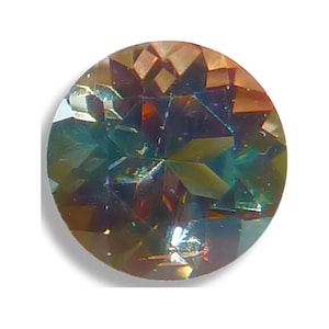 May include: A round, iridescent gemstone with a faceted cut. The gemstone has a mix of green, blue, and brown colors.