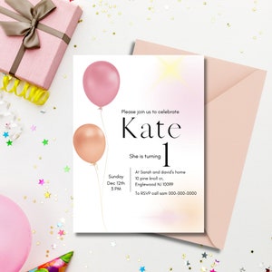 Pink tie dye birthday invitation, balloon birthday invitation, girls custom editable birthday card, digital card, instant download