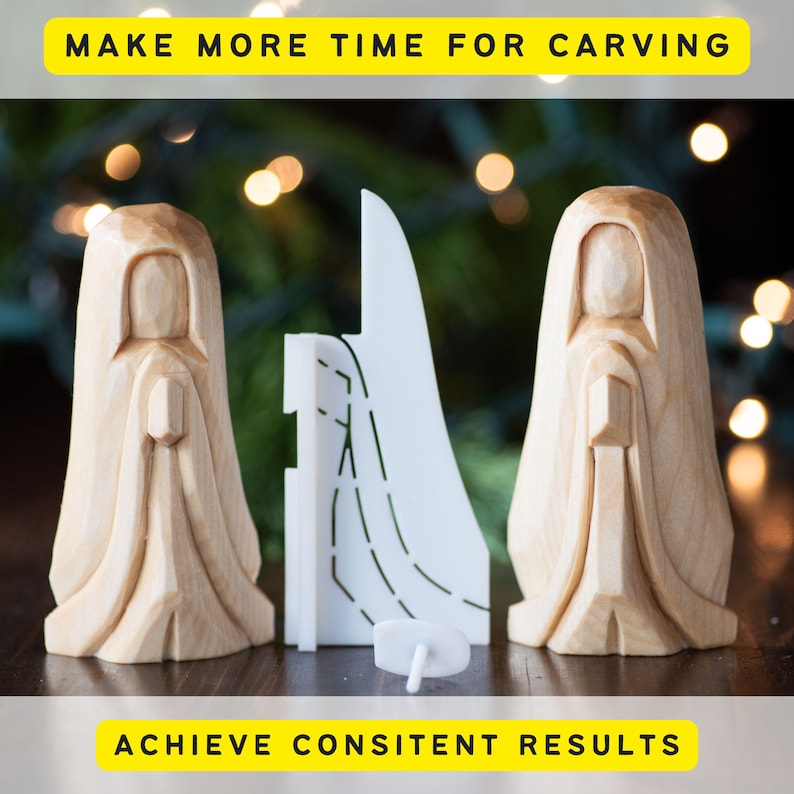K&ouml;nnte beinhalten: Zwei Holzschnitzereien von Figuren mit einer wei&szlig;en Plastik-Schnitzhilfe. Der Text "MAKE MORE TIME FOR CARVING" befindet sich oben im Bild und der Text "ACHIEVE CONSISTENT RESULTS" unten im Bild.