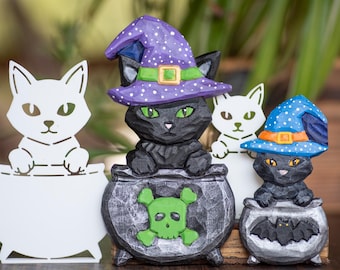 Halloween Cats in a Cauldron Wood Carving Stencil | 3D Printed Template