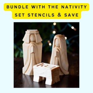 May include: A wooden nativity set with three figures: a man, a woman, and a manger. The figures are carved in a simple, modern style and are painted in a natural wood color.