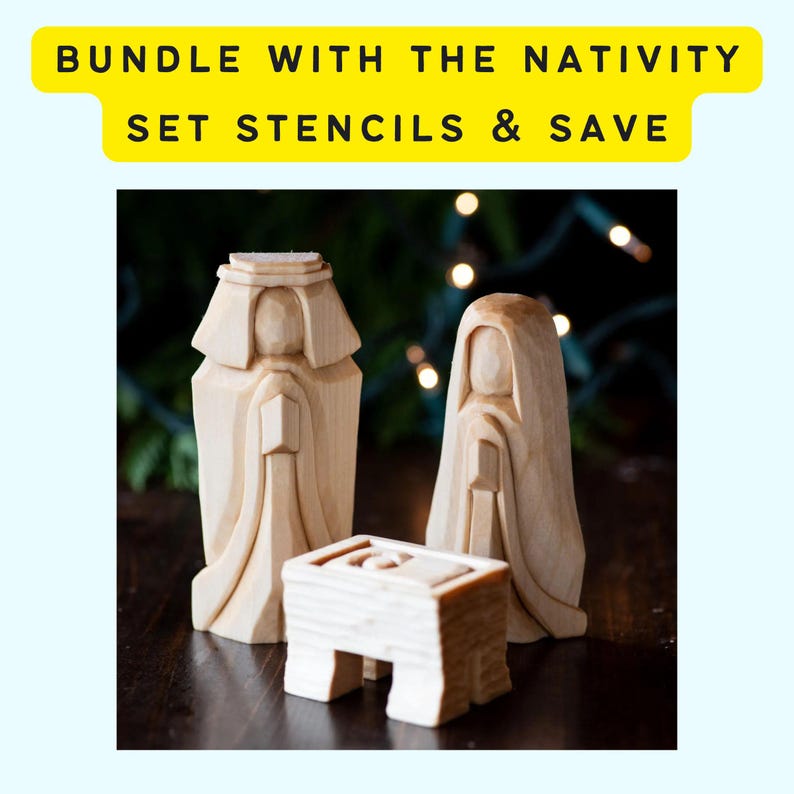 May include: A wooden nativity set with three figures: a man, a woman, and a manger. The figures are carved in a simple, modern style and are painted in a natural wood color.