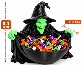 May include: A witch figurine holding a black bowl filled with colorful Halloween candies. The witch has green skin, a black hat, and a black robe. Dimensions are 8.4 inches tall, 9.8 inches wide, and 8.8 inches deep as indicated by text.