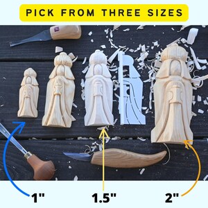 May include: Three wooden carvings of a person with a beard and a hat. The carvings are different sizes: 1 inch, 1.5 inches, and 2 inches.  Pick from three sizes.