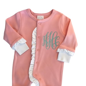 Personalized Baby Girl Ruffle Footie Sleeper • Monogrammed Pink Infant Outfit • Newborn Hospital Take Home Outfit • Baby Shower Gift