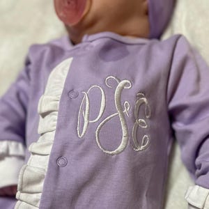 Baby girl coming home outfit, monogrammed footie, ruffle footie pink, newborn picture outfit, baby girl clothing, baby shower gift, pima