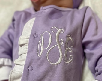 Personalized Baby Girl Lavender Ruffle Footie: Embroidered Monogram