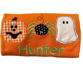 Personalized Halloween Appliqué Shirt: Pumpkin, Spider & Ghost - Custom Embroidered
