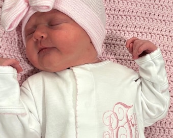 Personalized Pima Cotton Baby Girl Coming Home Outfit: Embroidered Footie & Bow Hat