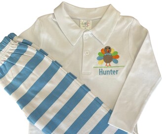 Gepersonaliseerde Thanksgiving-outfit voor Turkije: geborduurd poloshirt en gestreepte broek
