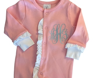 Baby girl coming home outfit, monogrammed footie, ruffle footie pink, newborn picture outfit, baby girl clothing, baby shower gift, pima