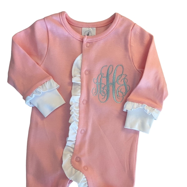 Baby girl coming home outfit, monogrammed footie, ruffle footie pink, newborn picture outfit, baby girl clothing, baby shower gift, pima