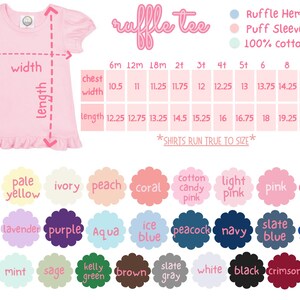 Puede incluir: Una camiseta rosa claro con volantes, mangas abullonadas y dobladillo con volantes. La imagen incluye una tabla de tallas con medidas de ancho de pecho y largo. Tambi&eacute;n se muestra una paleta de colores con amarillo, rosa y azul.
