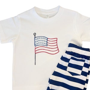 Toddler Boy 4th of July Outfit – Embroidered Flag Shirt & Navy Stripe Shorts Set – Patriotic Baby Boy Clothes – Summer Outfit USA
