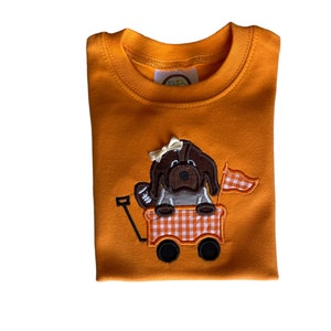 Puede incluir: Camiseta naranja de manga larga con un dise&ntilde;o bordado de un perro marr&oacute;n en un vag&oacute;n. El perro sostiene un bal&oacute;n de f&uacute;tbol y el vag&oacute;n tiene un estampado de cuadros. Un peque&ntilde;o lazo adorna la cabeza del perro. La camiseta est&aacute; doblada.