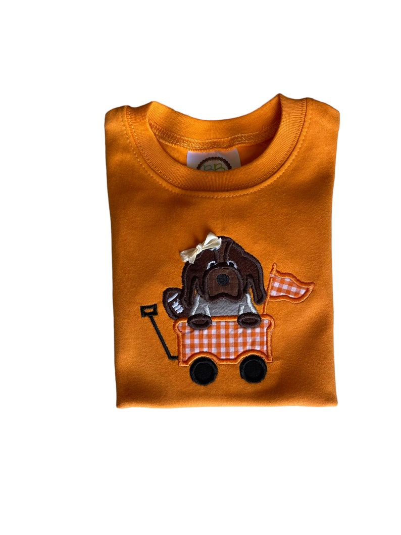 Puede incluir: Camiseta naranja de manga larga con un dise&ntilde;o bordado de un perro marr&oacute;n en un vag&oacute;n. El perro sostiene un bal&oacute;n de f&uacute;tbol y el vag&oacute;n tiene un estampado de cuadros. Un peque&ntilde;o lazo adorna la cabeza del perro. La camiseta est&aacute; doblada.
