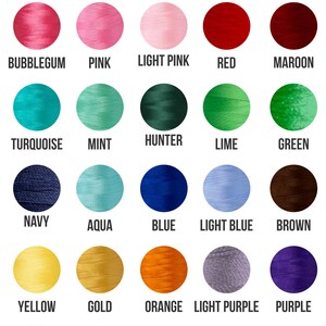 May include: Thread chart with 25 different colors of thread spools. The colors include bubblegum, pink, light pink, red, maroon, turquoise, mint, hunter, lime, green, navy, aqua, blue, light blue, brown, yellow, gold, orange, light purple, purple, black, dark gray, light gray, beige, and white.