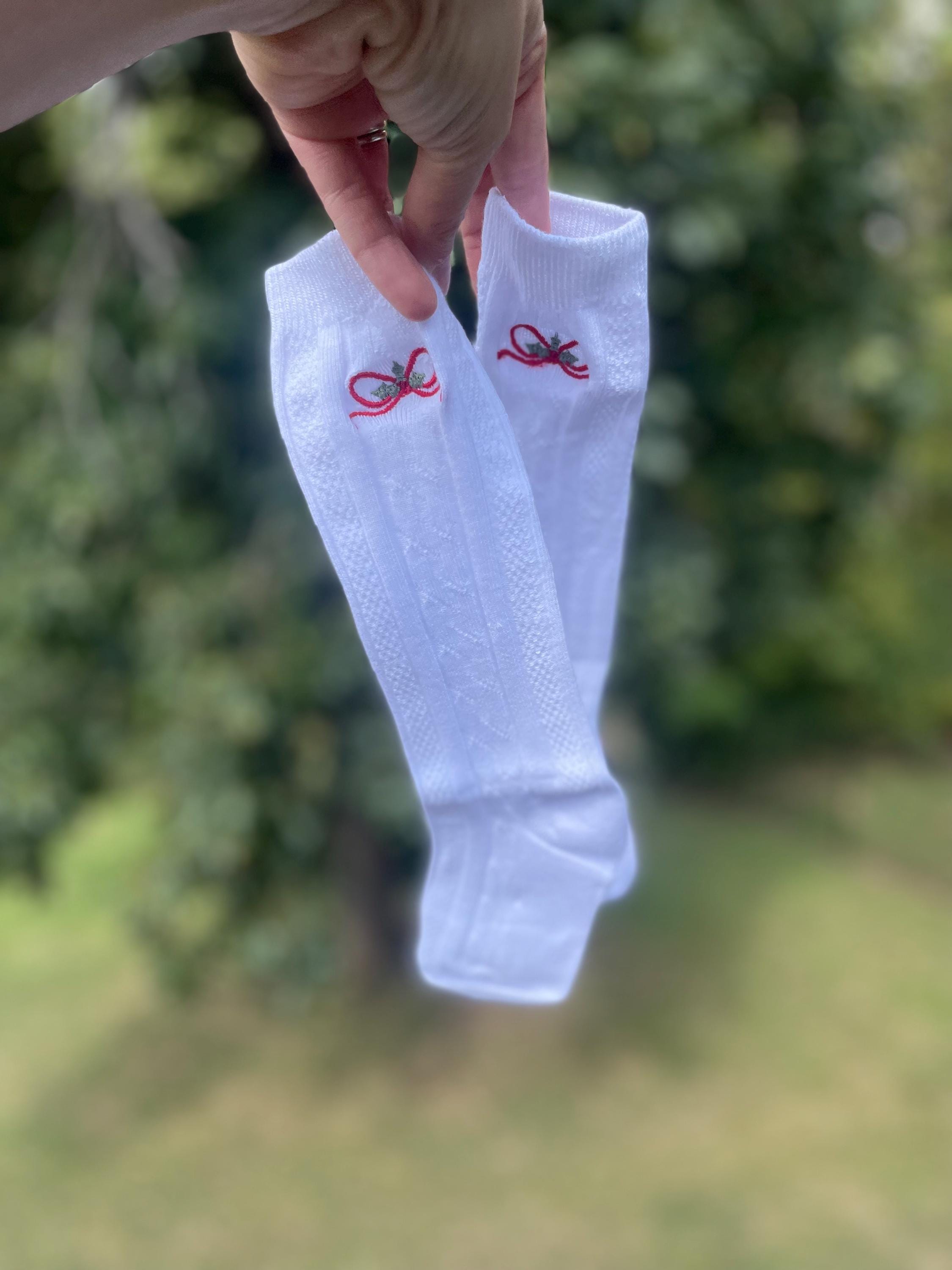 Girls White Knee Socks: Embroidered Red Bow, Christmas Holiday Outfit ...