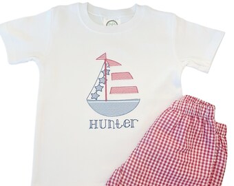 Personalized Kids Patriotic Sailboat Shirt: Embroidered Summer Outfit