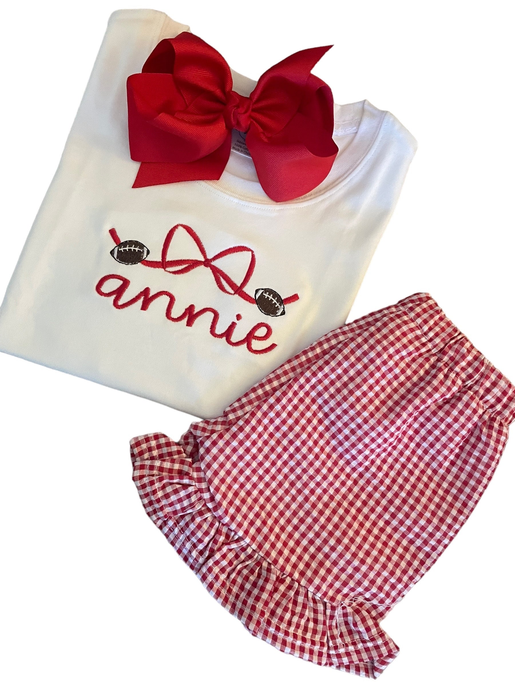 Girls Custom Game Day Outfit • Embroidered Football Shirt with Bow • Toddler School Spirit Wear • Personalized Team Colors