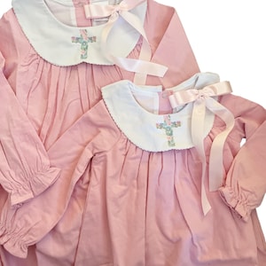 Pink Embroidered Cross Dress • Baby & Toddler Girl Corduroy Dress • Scalloped Collar • Easter, Dedication, or Church Outfit