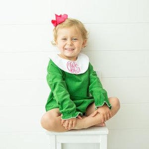 Monogrammed Baby Girl Christmas Romper: Corduroy Holiday Outfit green bubble only