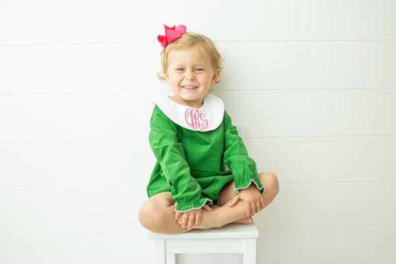 Monogrammed Baby Girl Christmas Romper: Corduroy Holiday Outfit green bubble only