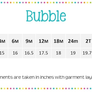 May include: Size chart for a garment, showing measurements in inches for different sizes, from 3 months to 3T. The chart includes measurements for length.