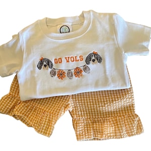 Go Vols Embroidered Toddler Outfit • Gingham Ruffle Shorts • Game Day Dog Appliqué Shirt • Tennessee Volunteer Baby Girl Clothes