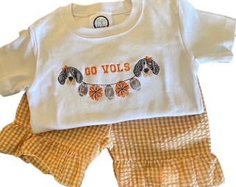 Go Vols Embroidered Toddler Outfit • Gingham Ruffle Shorts • Game Day Dog Appliqué Shirt • Tennessee Volunteer Baby Girl Clothes