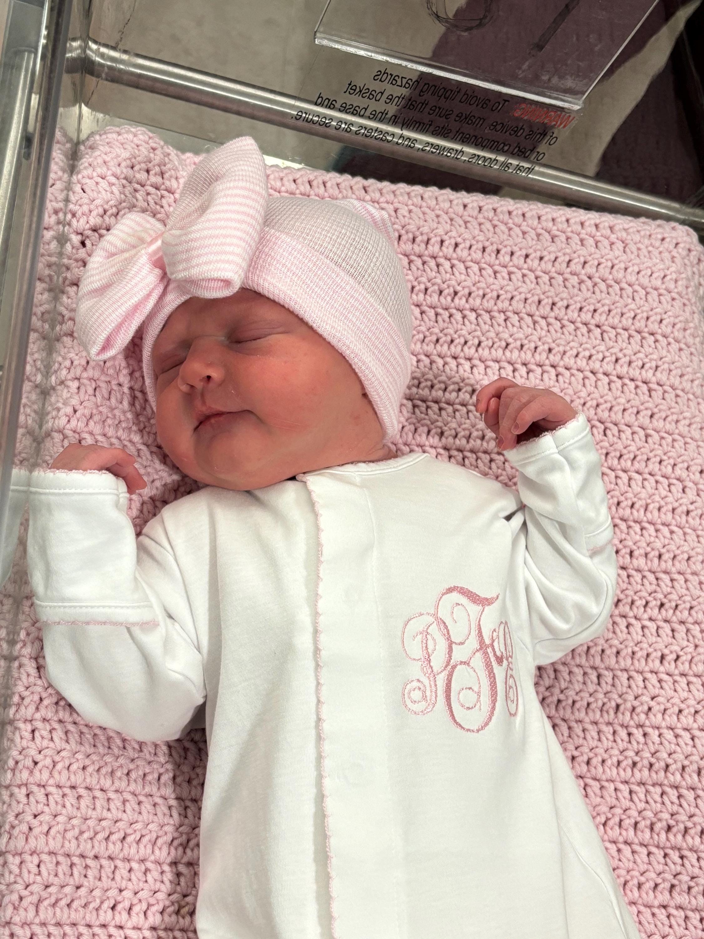 Personalized Pima Cotton Baby Girl Coming Home Outfit: Embroidered Footie & Bow Hat