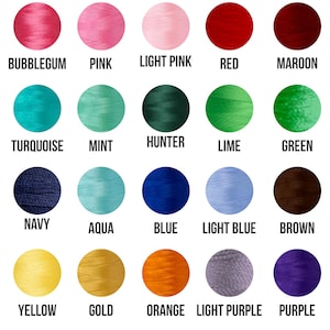 May include: Thread chart with 25 different colors of thread spools. The colors include bubblegum, pink, light pink, red, maroon, turquoise, mint, hunter, lime, green, navy, aqua, blue, light blue, brown, yellow, gold, orange, light purple, purple, black, dark gray, light gray, beige, and white.