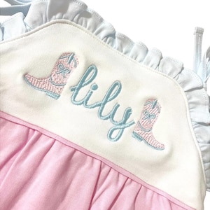 Personalized Baby Girl Romper • Embroidered Name Outfit • Pink Cowgirl Boots Appliqué • Custom Baby Shower Gift • Western Summer Outfit