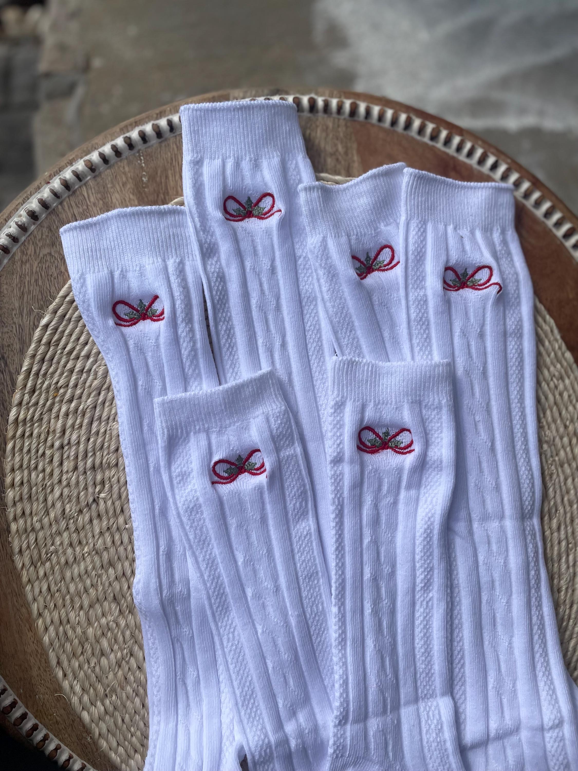 Girls White Knee Socks: Embroidered Red Bow, Christmas Holiday Outfit ...