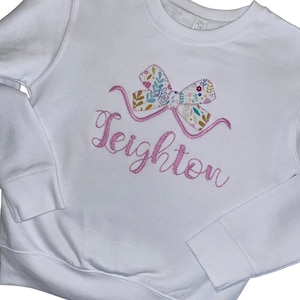 Girls bow sweatshirt, spring floral shirt, girls spring sweatshirt, girls personalized spring shirt, embroidered girls