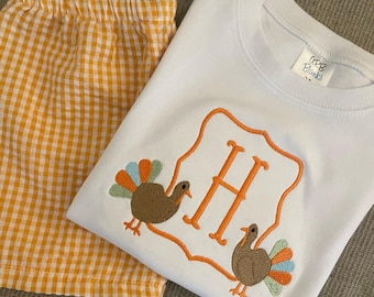 Personalized Turkey Monogram Thanksgiving Outfit: Embroidered Toddler Shirt & Gingham Shorts
