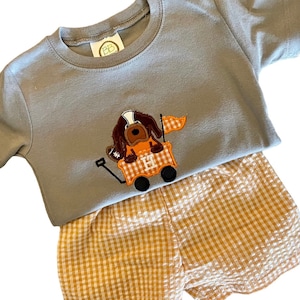 Boys Hound Dog Football Outfit • Embroidered Game Day Shirt & Gingham Shorts • Toddler Tailgate Set • Custom Team Colors Outfit