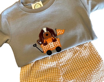 Boys Hound Dog Football Outfit • Embroidered Game Day Shirt & Gingham Shorts • Toddler Tailgate Set • Custom Team Colors Outfit