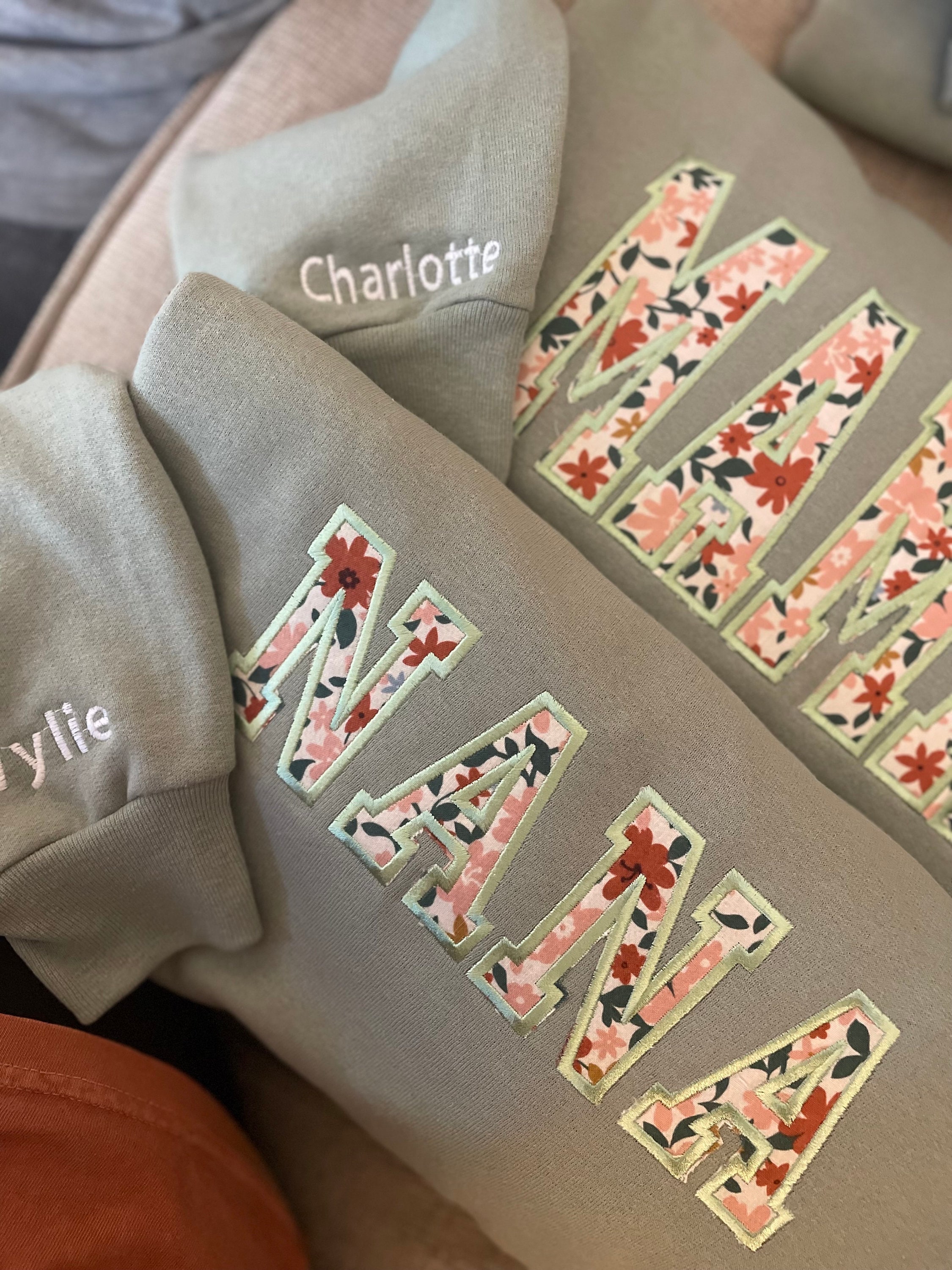 Custom Floral Appliqué Sweatshirt • Personalized NANA or Any Name • Optional Sleeve Name Embroidery • Gift for Grandma, Mom, Mimi, Nana